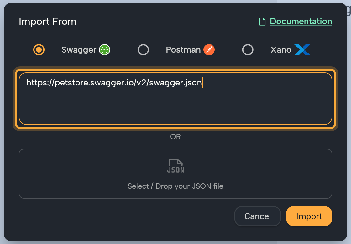 The Import From dialog with Swagger selected and a Swagger JSON URL typed in the text field (highlighted), the OR line, the Select / Drop your JSON file area, and the Cancel and Import buttons.