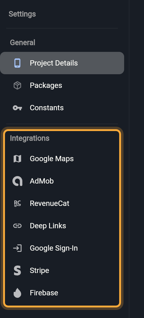 The Settings list on the left of App Settings. The General group shows Project Details (selected), Packages and Constants. The Integrations group is highlighted: Google Maps, AdMob, RevenueCat, Deep Links, Google Sign-In, Stripe and Firebase.