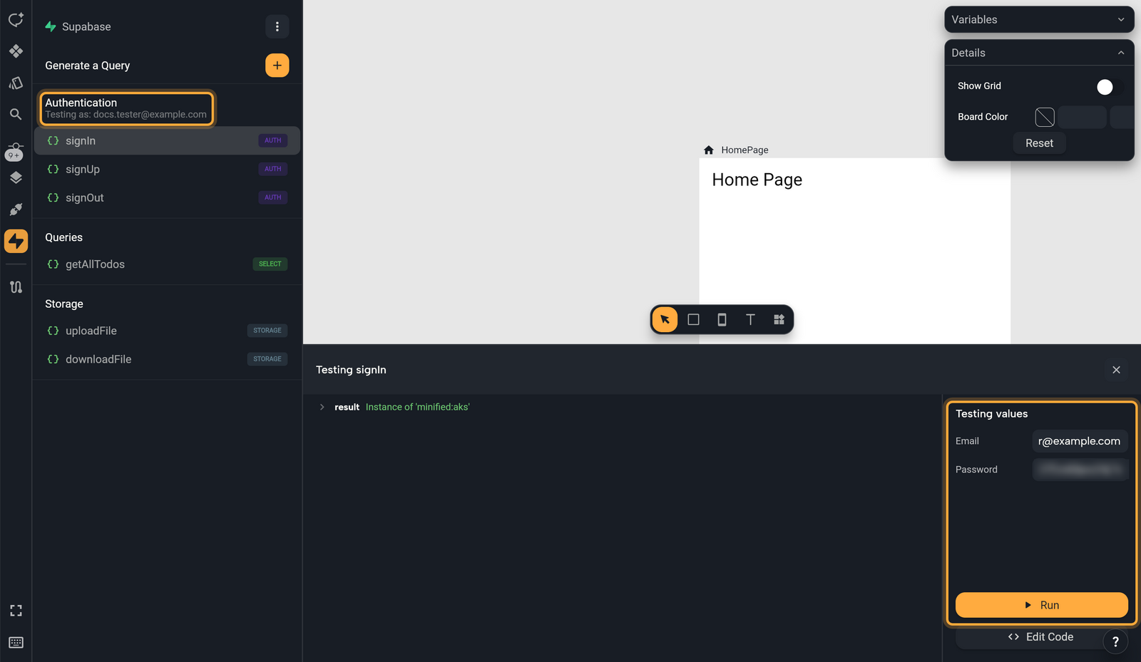 The editor after testing signIn: in the Supabase panel, Authentication reads Testing as: docs.tester@example.com (highlighted) and signIn is selected. The bottom panel Testing signIn shows the result on the left and, on the right, Testing values with Email and Password (blurred) and the Run button (highlighted), with Edit Code below.