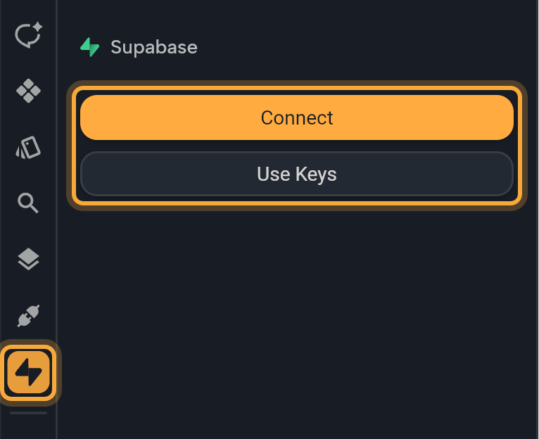 The unconnected Supabase panel: the highlighted Supabase icon in the left sidebar, the panel header, and the Connect and Use Keys buttons (highlighted).