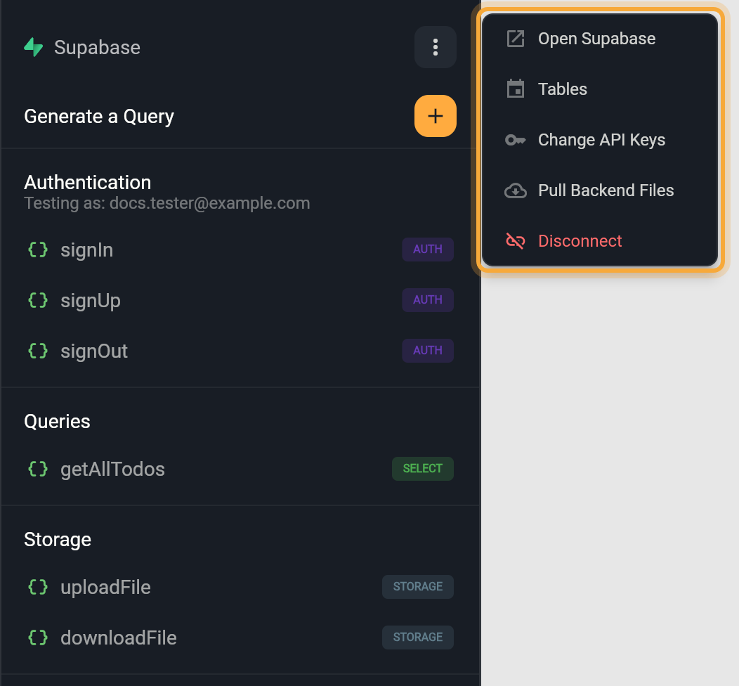 The connected Supabase panel: Generate a Query with its plus button, Authentication reading Testing as: docs.tester@example.com above signIn, signUp and signOut (AUTH badges), Queries with getAllTodos (SELECT) and Storage with uploadFile and downloadFile (STORAGE). Beside it, the open three-dot menu (highlighted) lists Open Supabase, Tables, Change API Keys, Pull Backend Files and Disconnect.