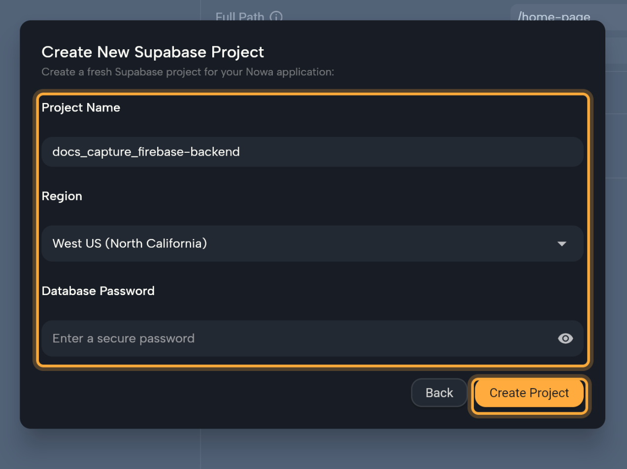 The Create New Supabase Project dialog, opened with Create New Project in the project list: Project Name (the project's package name plus -backend), Region (West US (North California)) and Database Password with its eye icon, all highlighted, and the highlighted Create Project button.