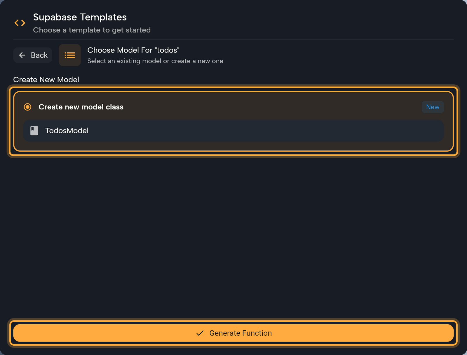 The Supabase Templates dialog on the Choose Model For "todos" step: under Create New Model, the Create new model class option is selected with TodosModel filled in as its name (highlighted), and the Generate Function button at the bottom (highlighted).