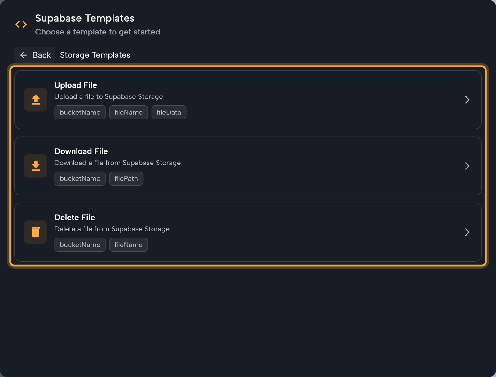 The Supabase Templates dialog on Storage Templates, with Back at the top and three cards (highlighted): Upload File with the chips bucketName, fileName and fileData, Download File with bucketName and filePath, and Delete File with bucketName and fileName.
