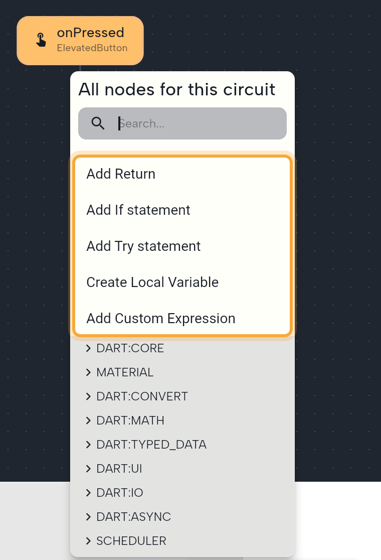 The All nodes for this circuit menu opened from the plus under the onPressed node: the search box, the five top items (Add Return, Add If statement, Add Try statement, Create Local Variable, Add Custom Expression, highlighted) and the collapsed categories below.