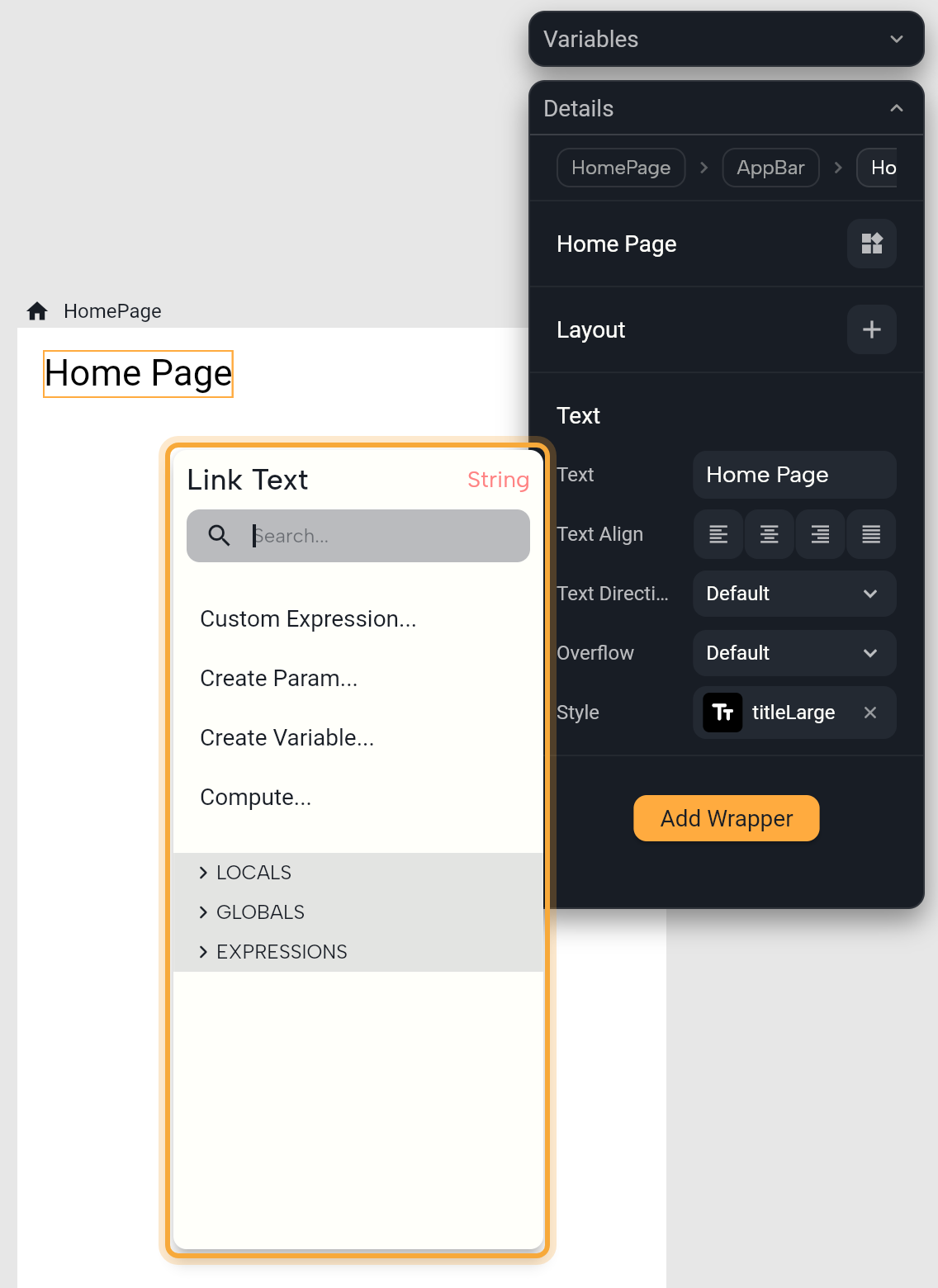 The Link Text menu (highlighted) opened from the label of the Text property of a selected Text: a search box, Custom Expression..., Create Param..., Create Variable..., Compute..., and the collapsed LOCALS, GLOBALS and EXPRESSIONS categories, next to the Details panel.