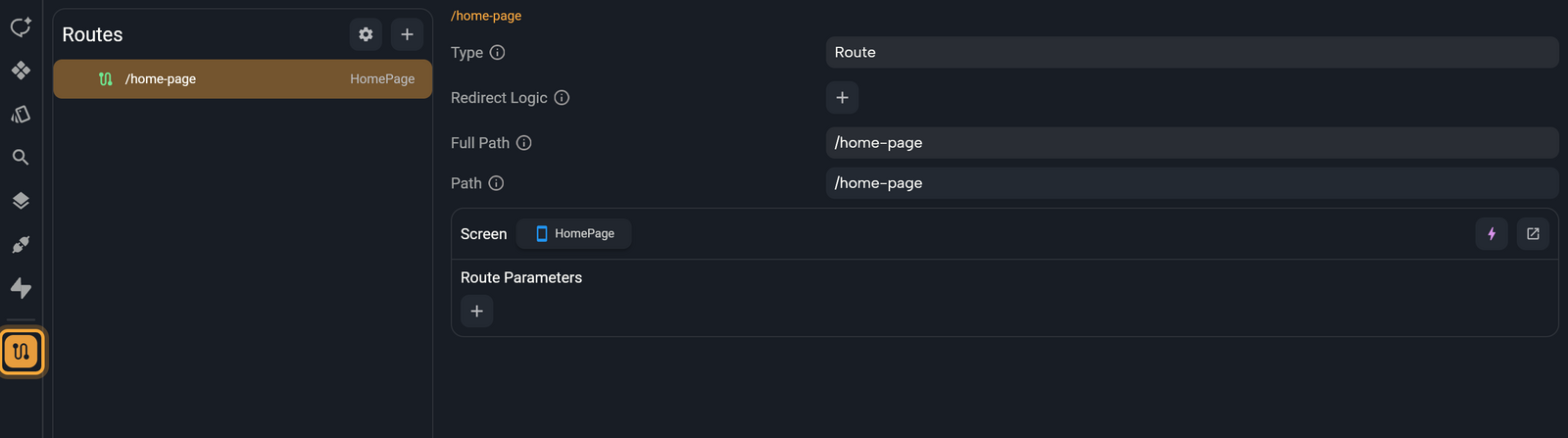 Router Settings after clicking Router in the sidebar (the Router icon below the divider is highlighted). The Routes list on the left, with its gear and plus buttons, shows the selected /home-page route for HomePage. On the right are the route's Type, Redirect Logic, Full Path, Path, Screen and Route Parameters.