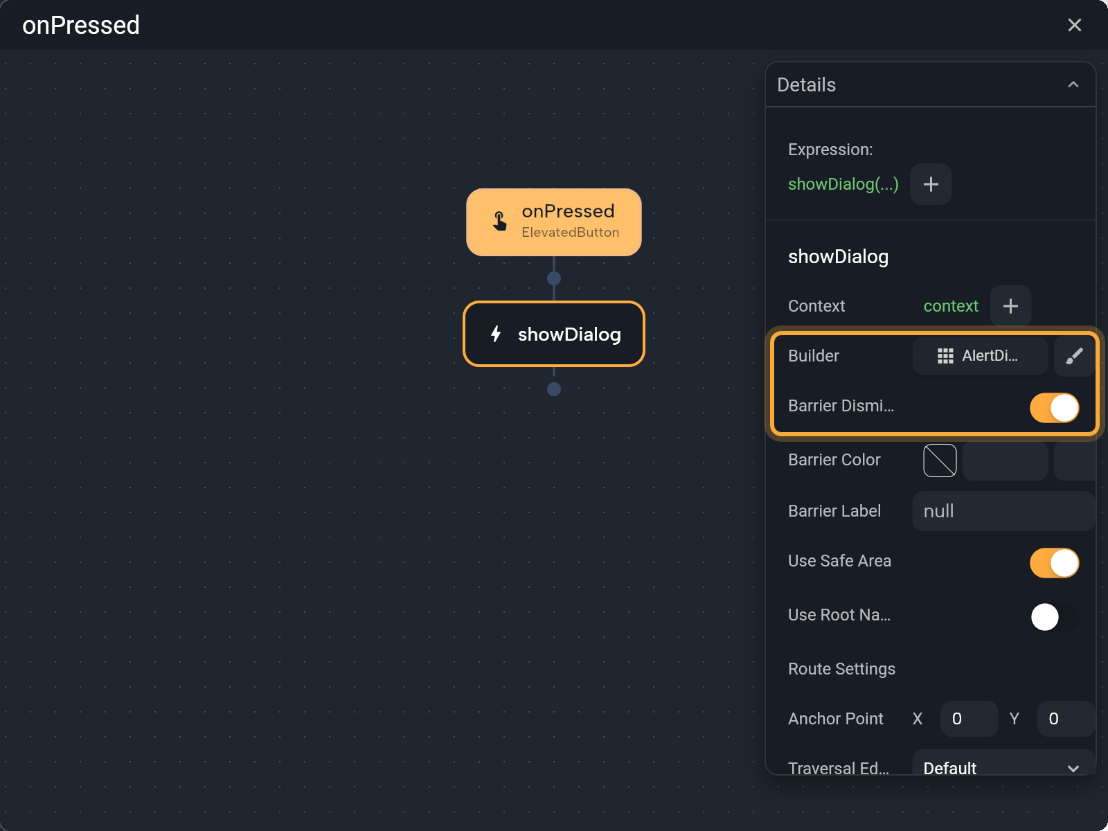 The Circuit panel for onPressed with a showDialog node added and selected. In its Details, the Builder row (the AlertDialog button and the brush button) and the Barrier Dismissible switch are highlighted, above Barrier Color, Use Safe Area and the other options.