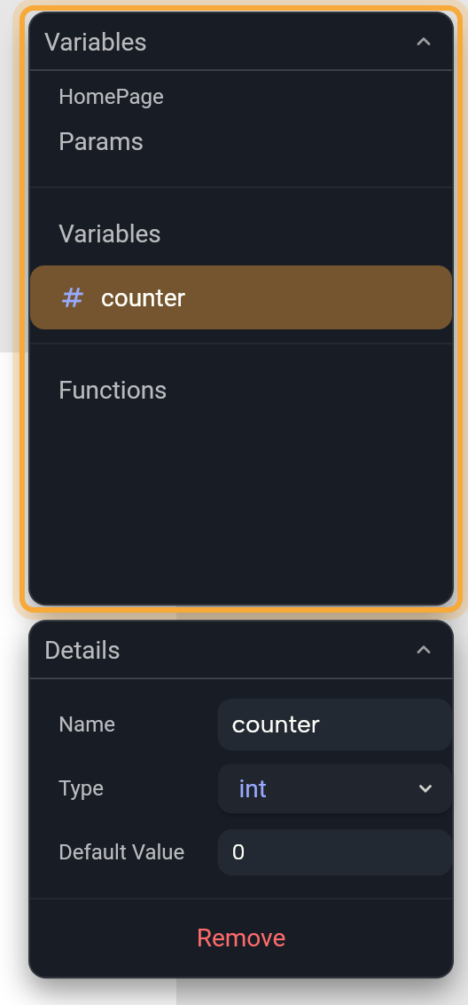 The Variables tile expanded for HomePage, highlighted: the Params, Variables and Functions sections, with one variable named counter selected. Below it, Details shows its Name, Type (int) and Default Value (0), and a Remove button.