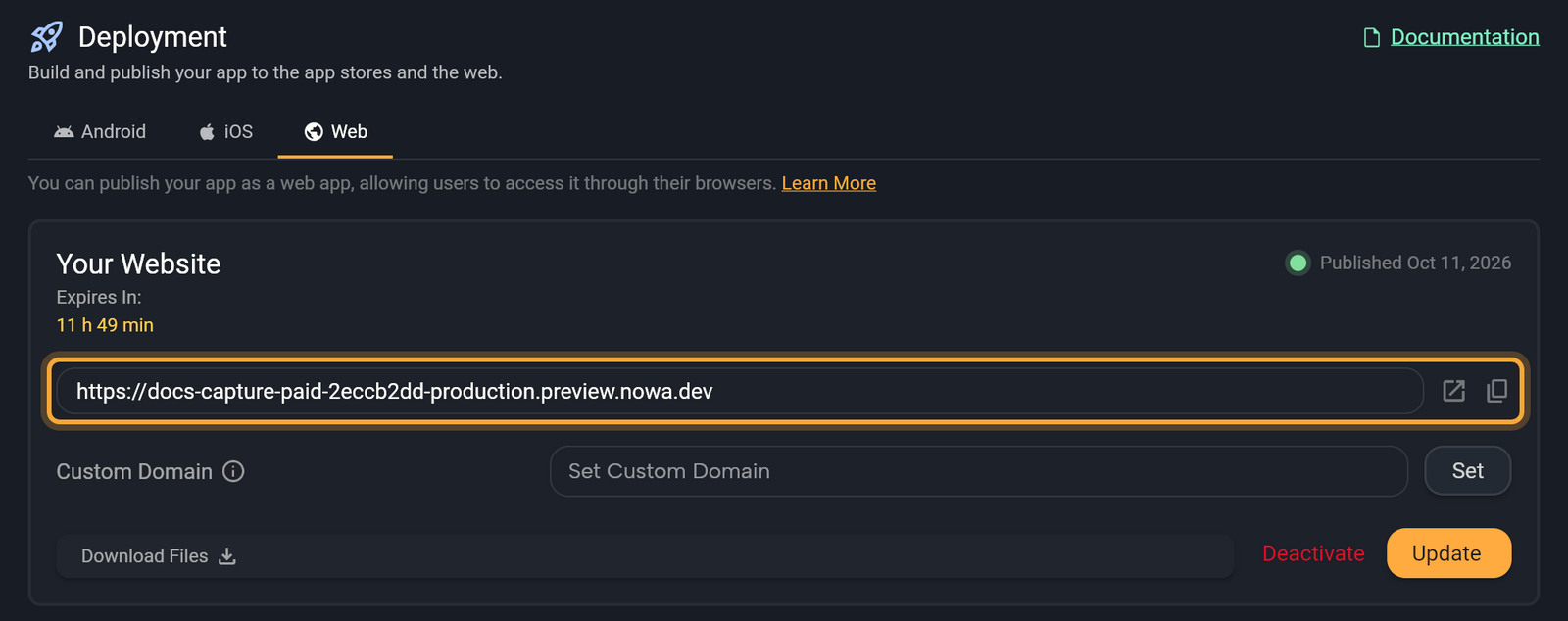 The Web tab of the Deployment page after publishing: the Your Website card with Published Oct 11, 2026 and a green dot, the Expires In: countdown, the site address with its open and copy icons (highlighted), the Custom Domain field with Set, Download Files, Deactivate and Update.
