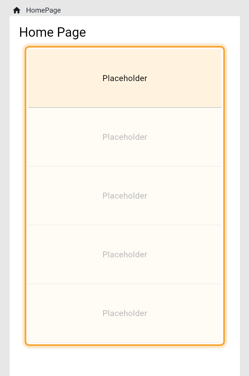 The home screen on the board with a List View whose Item Count is 5 (highlighted): the first Placeholder item is drawn at full strength and the four below it are faded.