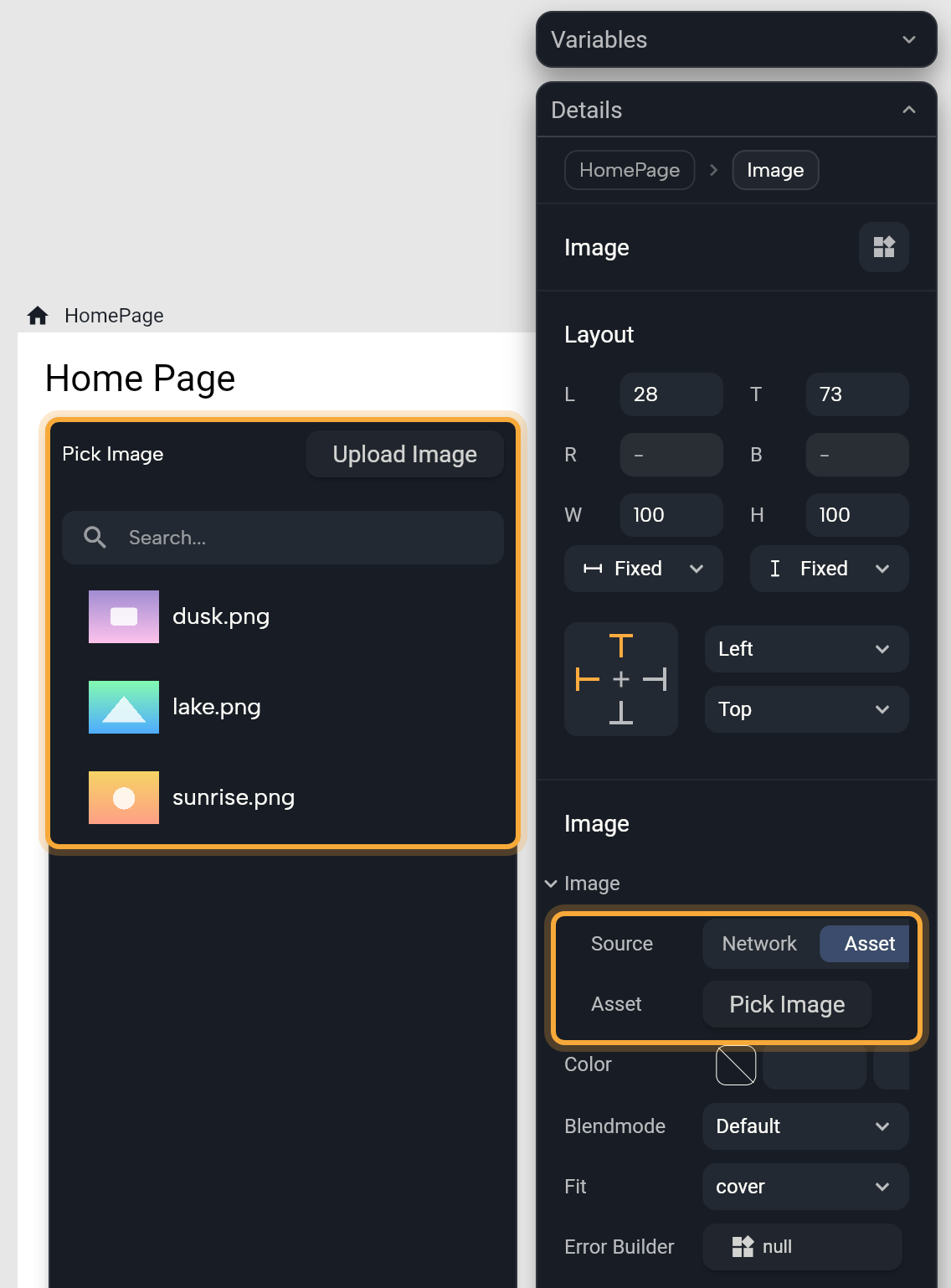 The Pick Image popup (highlighted) opened from a selected Image on the Asset tab: the Upload Image button, the Search box and the project images dusk.png, lake.png and sunrise.png with thumbnails. Next to it, Details for the Image with the Source tabs (Network, Asset) and the Pick Image button highlighted.