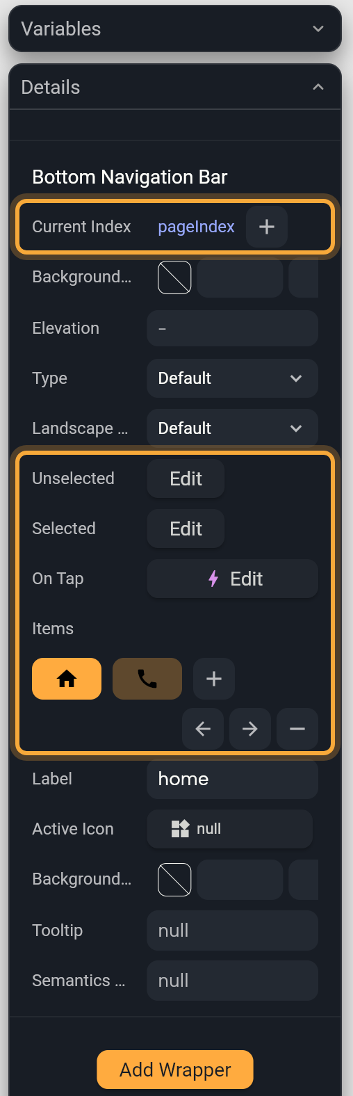 Details for a selected Bottom Navigation Bar: Current Index linked to pageIndex (highlighted), then Background, Elevation, Type and Landscape. The second highlight holds Unselected and Selected with their Edit buttons, On Tap with Edit, and the Items strip with the home and call tabs, the + button, the left and right arrows and the remove button; Label (home), Active Icon, Tooltip and Semantics follow.