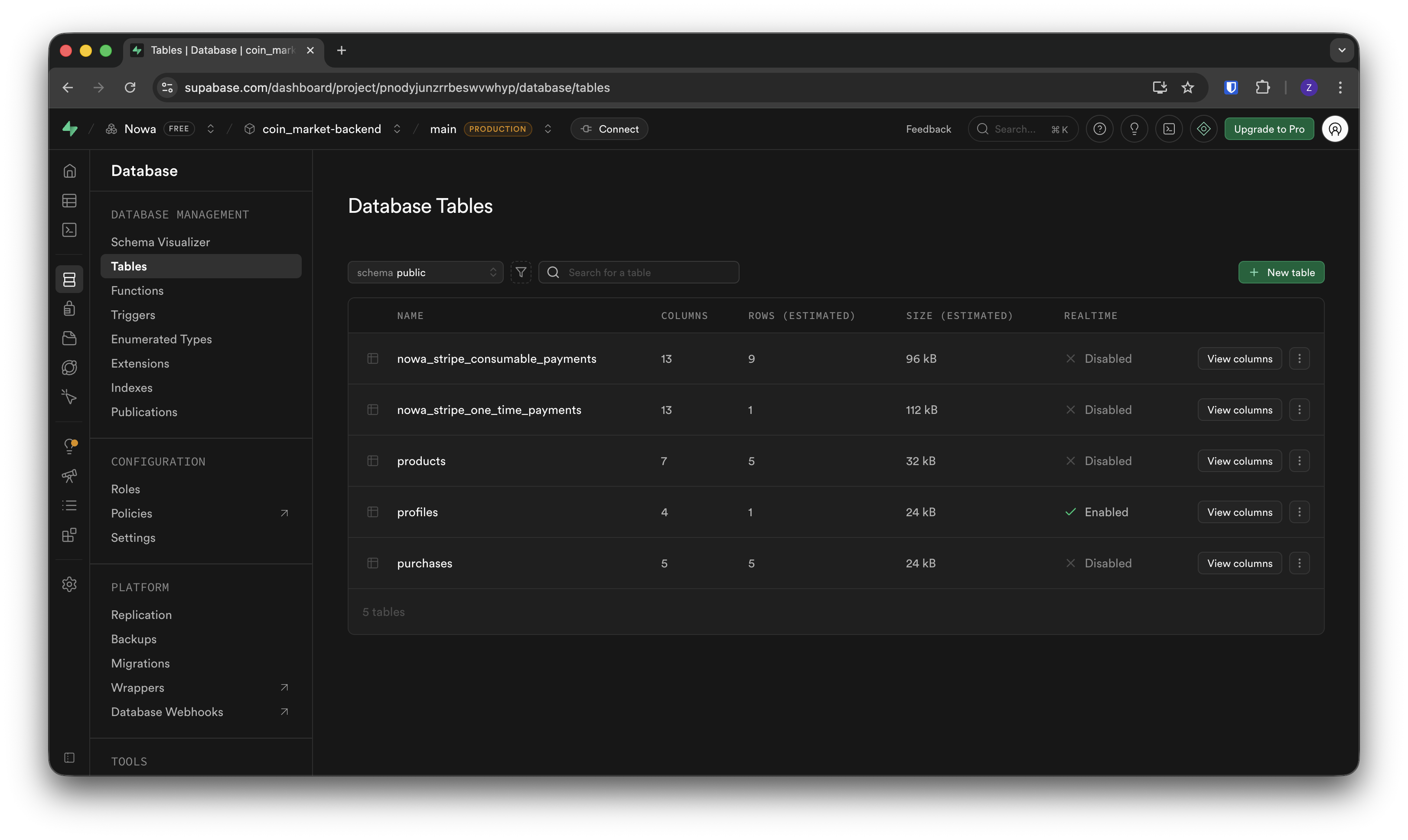 Supabase dashboard listing the nowa_stripe_one_time_payments and nowa_stripe_consumable_payments tables created by Deploy Configuration