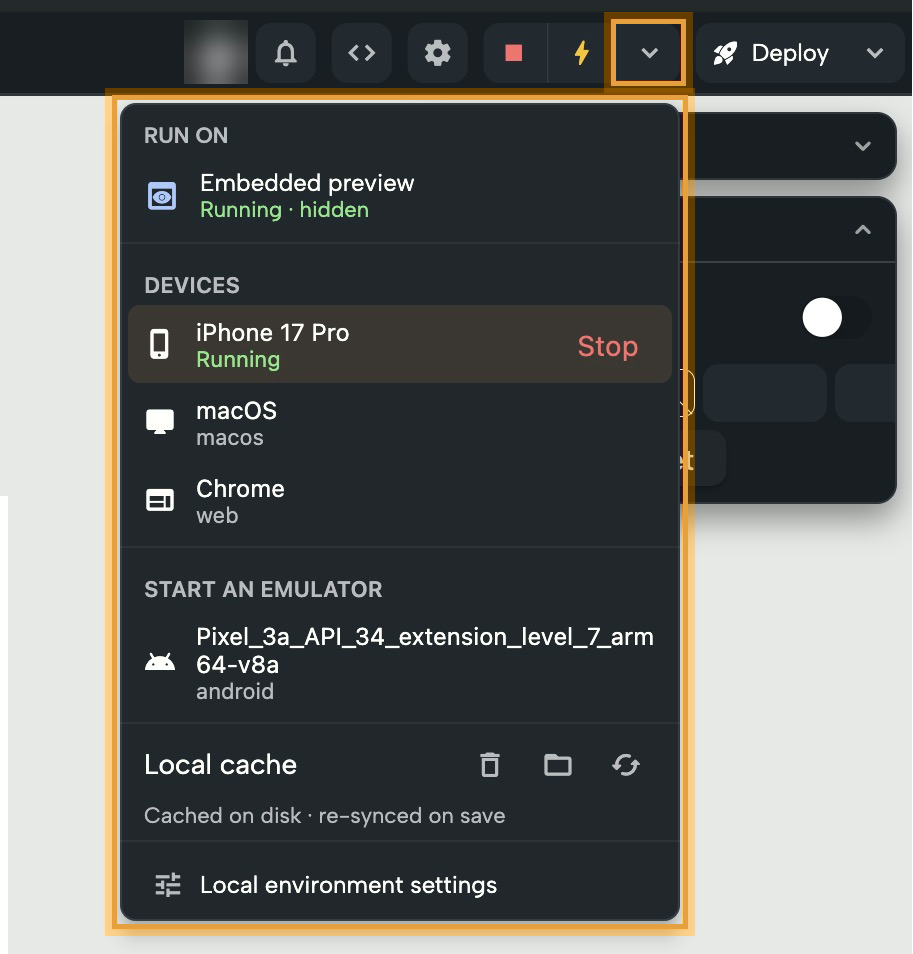 The Run on menu in the Nowa desktop app, opened with the arrow next to Run (highlighted), for a cloud project with an iOS Simulator running: the Embedded preview row, DEVICES with iPhone 17 Pro running (and its Stop button), macOS and Chrome, START AN EMULATOR with an Android emulator, the Local cache row with its three icon buttons, and Local environment settings. The whole menu is highlighted.