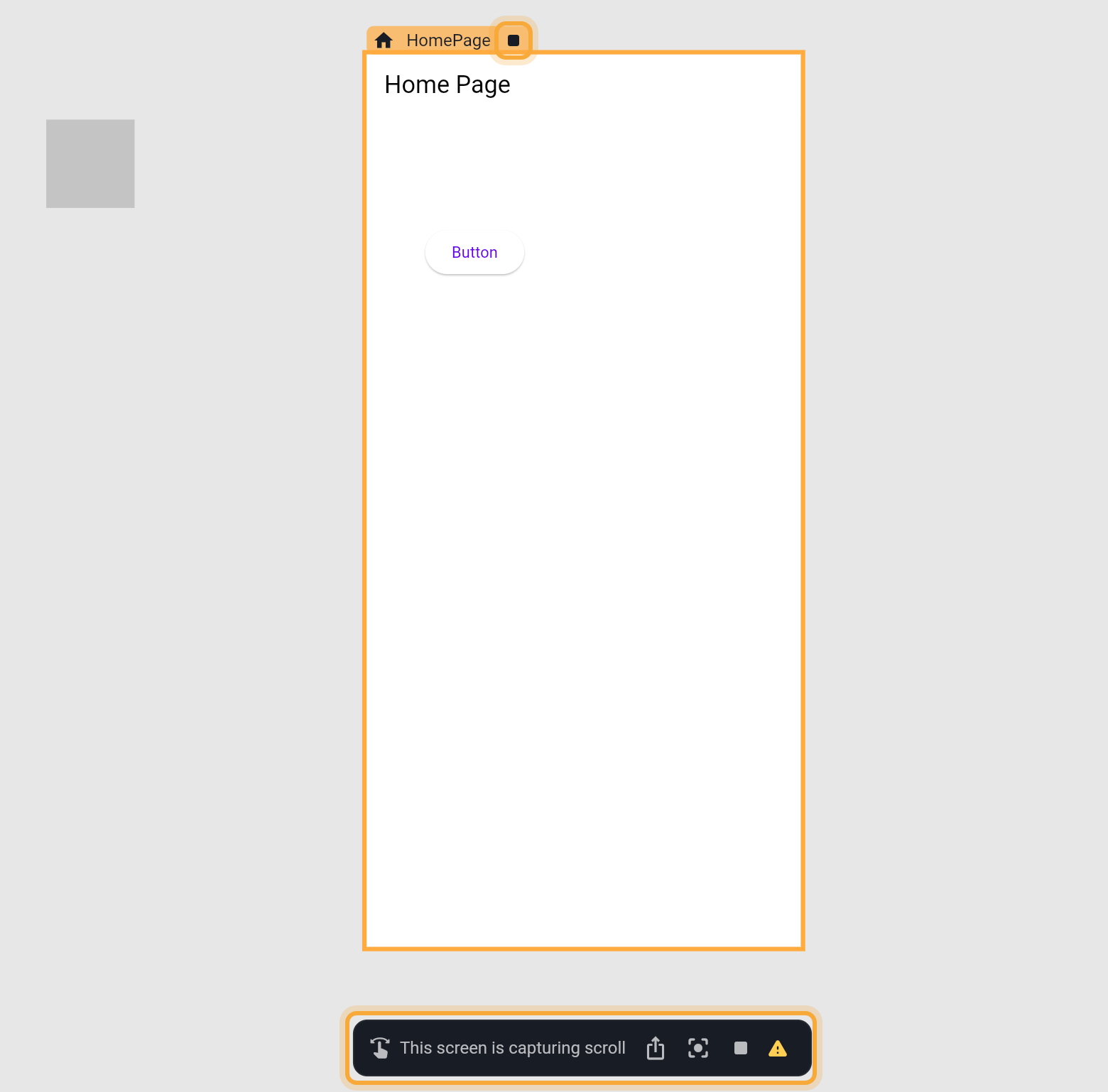 The home screen playing on the board with an orange border. The stop button in its name bar and the play controls at the bottom (This screen is capturing scroll, Share preview, Reset zoom, Stop, and a warning icon) are highlighted.