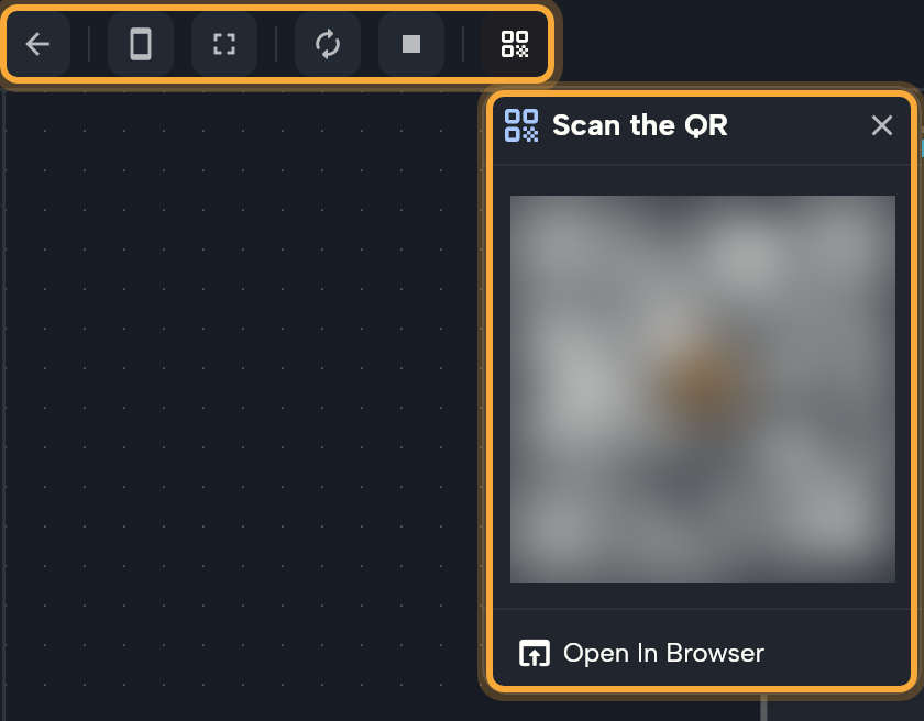 The run toolbar at the top of the editor while the embedded preview is open (highlighted): Back to board, Phone, Fullscreen, Hot Restart, Stop and Open on Mobile. The Scan the QR dropdown opened from the last button (highlighted) shows its QR code (blurred here) and Open In Browser.