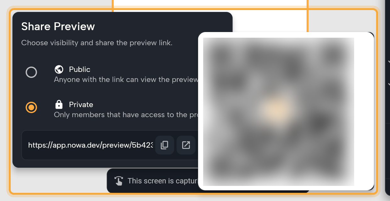 The Share Preview popup opened with Share preview in the play controls of a playing screen, with the QR code card open beside it (both highlighted). The popup offers Public (Anyone with the link can view the preview.) and Private (Only members that have access to the project, selected), then the preview link with its copy and open buttons. The QR code card covers the third button and its code is blurred here.