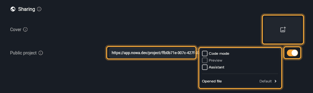 The Sharing section of Project Details in Settings with Public project on: the Cover field (highlighted), the project link in a text field (highlighted) and the Public project switch, on (highlighted), and the open Link options popup (highlighted) with the checkboxes Code mode, Preview (greyed) and Assistant, and the Opened file row set to Default.